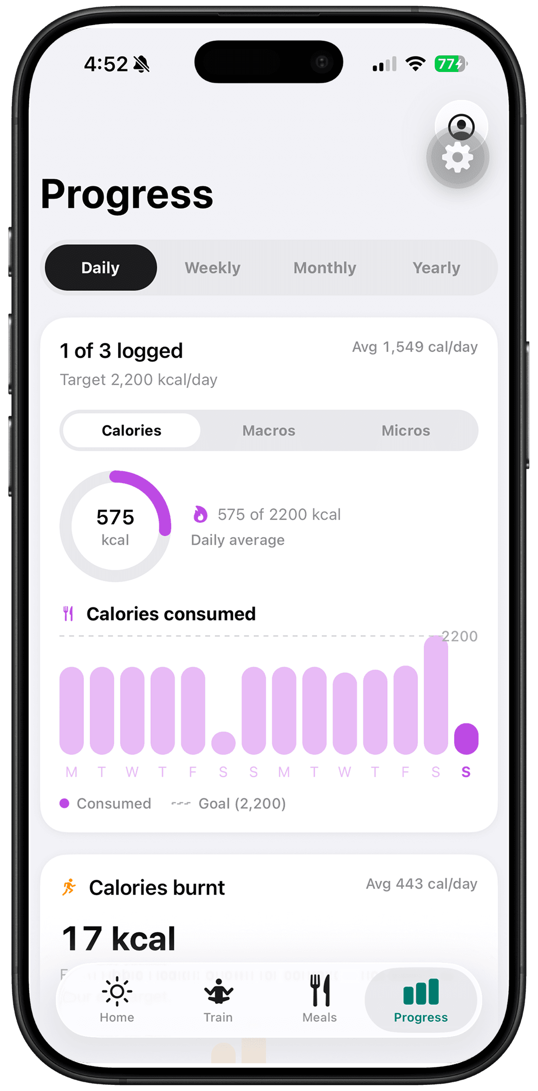 Meals & Macros screen in Agefully